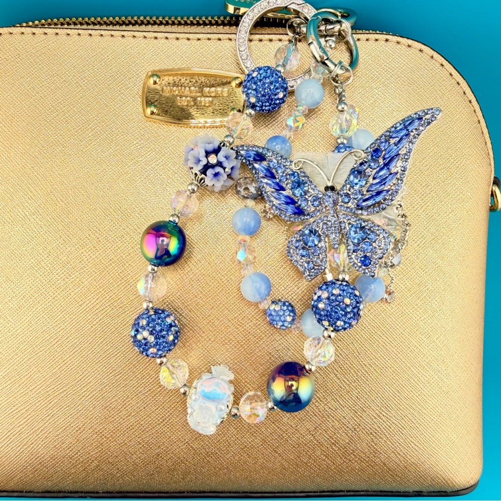 🦋Luxury Bag/Phone Chain Charm/Keychain Blue Rhinestone Butterfly Crystal Beads